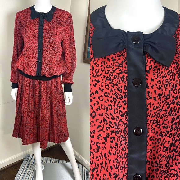 Vintage 80s Red Leopard Bow Secretary Midi Dress Pleated M Medium 1980s - Picture 1 of 10